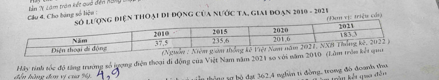 ần ?( Làm tròn kết quả đến hàng thể 
Câu 4. Cho băng số liệu : 
ng điện thoại di động của nước ta, giai đoạn 2010 - 2021 
(Đơn vị: triệu cái) 
Hãy tinh tốc độ tăng trưởng số jượng diện thoại di động của Việt Nam năm 
đến hàng đơn vị cua %). 
3 thông s ộ đ ạt 362, 4 nghin tỉ đồng, trong đó doanh thu 
trần kết qua đến