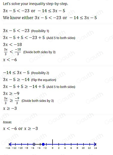 Let's solve your inequality step-by-step.
3x-5 or -14≤ 3x-5
We know either 3x-5 or -14≤ 3x-5
3x-5 (Possibility 1)
3x-5+5 (Add 5 to both sides)
3x
 3x/3  (Divide both sides by 3)
x
-14≤ 3x-5 (Possibility 2)
3x-5≥ -14 (Flip the equation)
3x-5+5≥ -14+5 (Add 5 to both sides)
3x≥ -9
 3x/3 ≥  (-9)/3  (Divide both sides by 3)
x≥ -3
Answer:
x or x≥ -3