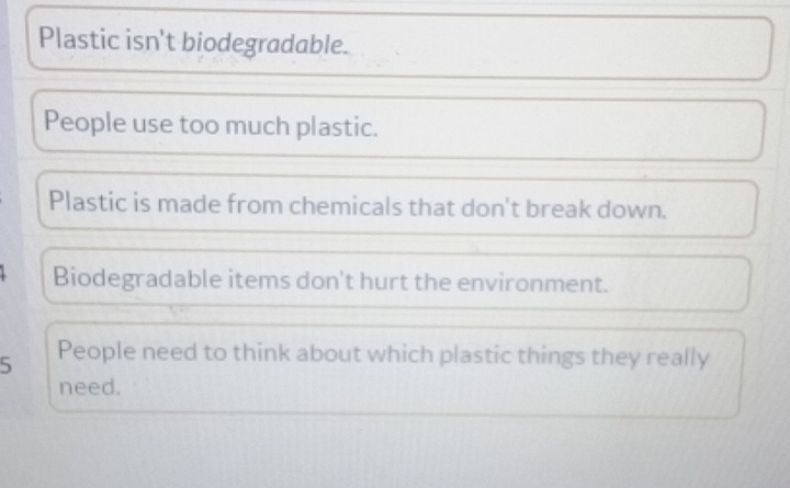 Plastic isn't biodegradable. 
People use too much plastic. 
Plastic is made from chemicals that don't break down. 
Biodegradable items don't hurt the environment.
5 People need to think about which plastic things they really 
need.