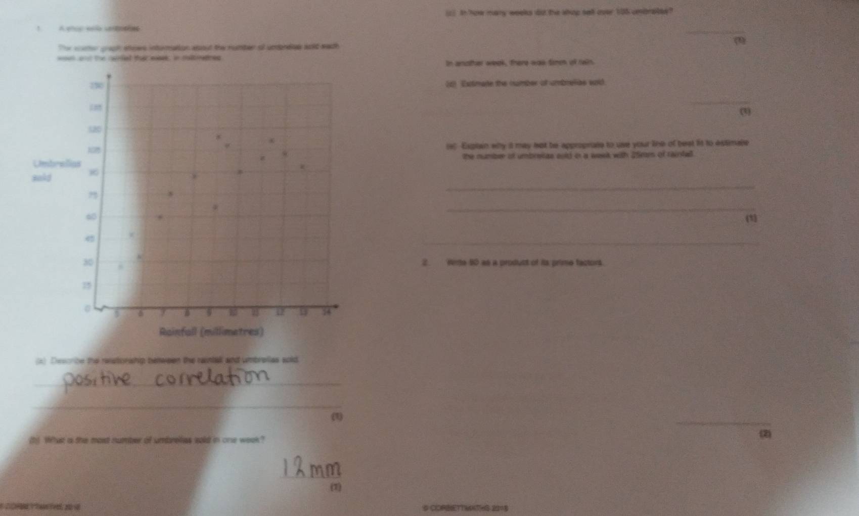 () In how many weeks do the shop selt over 105 unbratee?
1 A elop eno see
_
()
Ter wter goech shoes intoration apout the runber of unpndiee sold each 
wowh wnt the carted thir eases, in caoradned 
In another week, there was tim of rein.
(2 Extimate the number of umbrelias sold.
_
(3)
520
*
ist Explan enty it may not be approprate to use your line of beat it to estimale
8
Umbrallias the numbee of umbresas ould in a week with 2firm of rainfall.
_
sokd g6
_
60 (1)
4
_
30 2. Wrte 60 as a product of is prime factort.

B
0 14
Rainfall (millimetres)
(= Desorbe the restorwhip benween the raintal and umbrelias soid
_
_
(1)
_
(b) What a the most number of umbrellas soid in one week?
(2)
_
(1)
CORNETTENTHS 23=8