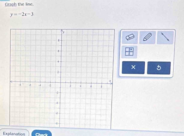 Graph the line.
y=-2x-3
× 
Explanation Chack