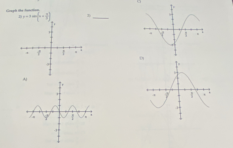 Graph the function.
2) y=3sin (x+ π /3 )
2)_