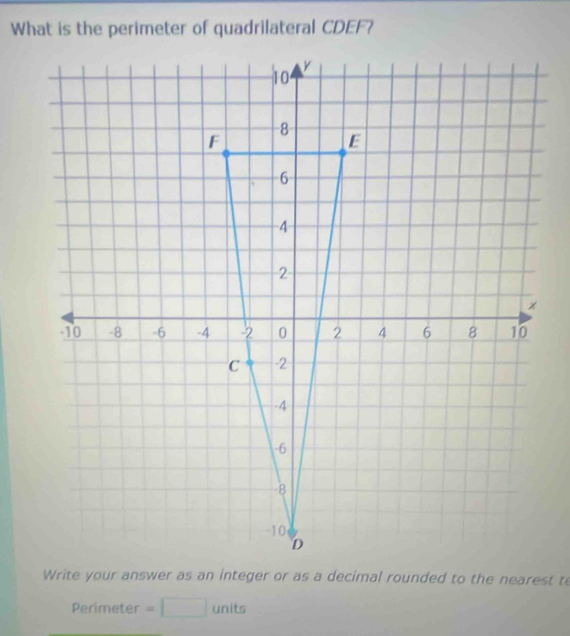 What is the perimeter of quadrilateral CDEF? 
Perimeter =□ units