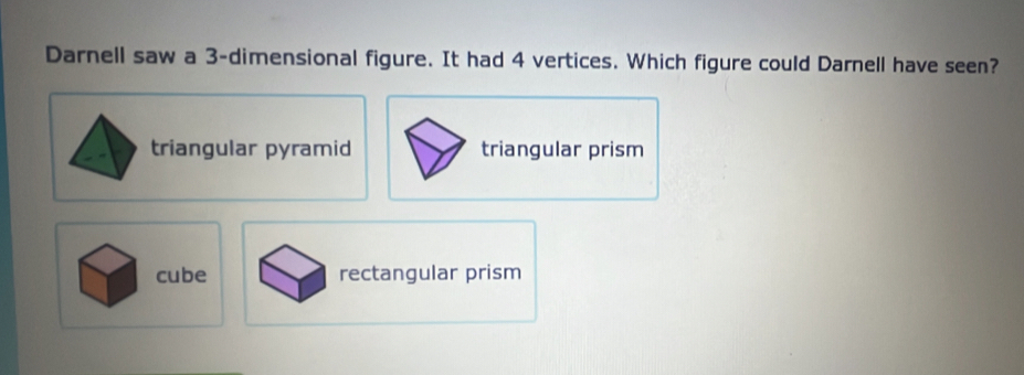 Solved: Darnell saw a 3 -dimensional figure. It had 4 vertices. Which ...
