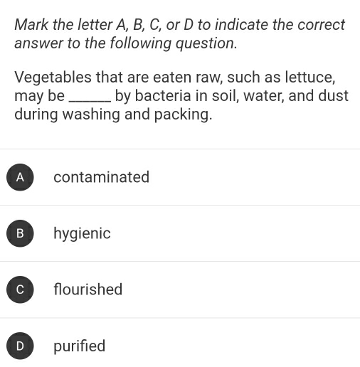 Mark the letter A, B, C, or D to indicate the correct
answer to the following question.
Vegetables that are eaten raw, such as lettuce,
may be_ by bacteria in soil, water, and dust
during washing and packing.
A contaminated
B hygienic
C flourished
D purified