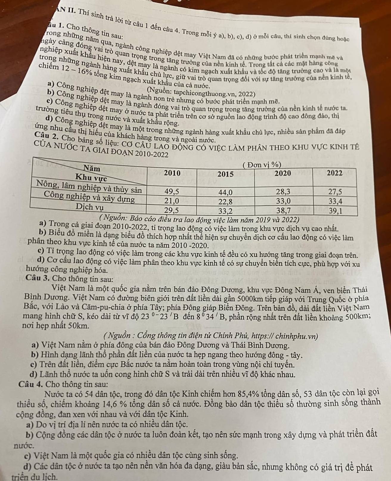 KN II. Thí sinh trả lời từ câu 1 đến câu 4. Trong mỗi ý a), b), c), d) ở mỗi câu, thí sinh chọn đúng hoặc
âu 1. Cho thông tin sau:
Trong những năm qua, ngành công nghiệp dệt may Việt Nam đã có những bước phát triển mạnh mẽ và
ngày càng đóng vai trò quan trọng trong tăng trưởng của nền kinh tế. Trong tất cả các mặt hàng công
Vnghiệp xuất khẩu hiện nay, dệt may là ngành có kim ngạch xuất khẩu và tốc độ tăng trưởng cao và là một
trong những ngành hàng xuất khẩu chủ lực, giữ vai trò quan trọng đối với sự tăng trường của nền kinh tế,
chiếm 12 ~ 16% tổng kim ngạch xuất khẩu của cả nước.
(Nguồn: tapchicongthuong.vn, 2022)
a) Công nghiệp đệt may là ngành non trẻ nhưng có bước phát triển mạnh mẽ.
b) Công nghiệp dệt may là ngành đóng vai trò quan trọng trong tăng trưởng của nền kinh tế nước ta.
c) Công nghiệp dệt may ở nước ta phát triển trên cơ sở nguồn lao động trình độ cao đông đảo, thị
trường tiêu thụ trong nước và xuất khẩu rộng.
d) Công nghiệp dệt may là một trong những ngành hàng xuất khẩu chủ lực, nhiều sản phẩm đã đáp
ứng nhu cầu thị hiểu của khách hàng trong và ngoài nước.
Cầu 2. Cho bảng số liệu: CƠ CÂU LAỐ ĐÔNG CÓ VIỆC LÀM PHÂN THEO KHU VỤC KINH TÊ
CủA NƯỚC TA GIAI ĐOẠN 2010-
cáo điều tra lao động việc làm năm 2019 và 2022)
a) Trong cả giai đoạn 2010-2022, tỉ trọng lao động có việc làm trong khu vực dịch vụ cao nhất.
b) Biểu đồ miền là dạng biểu đồ thích hợp nhất thể hiện sự chuyền dịch cơ cấu lao động có việc làm
phân theo khu vực kinh tế của nước ta năm 2010 -2020.
c) Tỉ trọng lao động có việc làm trong các khu vực kinh tế đều có xu hướng tăng trong giai đoạn trên.
d) Cơ cấu lao động có việc làm phân theo khu vực kinh tế có sự chuyển biển tích cực, phù hợp với xu
hướng công nghiệp hóa.
Câu 3. Cho thông tin sau:
Việt Nam là một quốc gia nằm trên bán đảo Đông Dương, khu vực Đông Nam Á, ven biển Thái
Bình Dương. Việt Nam có đường biên giới trên đất liền dài gần 5000km tiếp giáp với Trung Quốc ở phía
Bắc, với Lào và Căm-pu-chia ở phía Tây; phía Đông giáp Biển Đông. Trên bản đồ, dải đất liền Việt Nam
mang hình chữ S, kéo dài từ vĩ độ 23^(circ -)23'B đến 8^034^/B , phần rộng nhất trên đất liền khoảng 500km;
nơi hẹp nhất 50km.
( Nguồn : Cổng thông tin điện tử Chính Phủ, https:// chinhphu.vn)
a) Việt Nam nằm ở phía đông của bán đảo Đông Dương và Thái Bình Dương.
b) Hình dạng lãnh thổ phần đất liền của nước ta hẹp ngang theo hướng đông - tây.
c) Trên đất liền, điểm cực Bắc nước ta nằm hoàn toàn trong vùng nội chí tuyến.
d) Lãnh thổ nước ta uốn cong hình chữ S và trải dài trên nhiều vĩ độ khác nhau.
Câu 4. Cho thông tin sau:
Nước ta có 54 dân tộc, trong đó dân tộc Kinh chiếm hơn 85,4% tổng dân số, 53 dân tộc còn lại gọi
thiểu số, chiếm khoảng 14,6 % tổng dân số cả nước. Đồng bào dân tộc thiểu số thường sinh sống thành
cộng đồng, đan xen với nhau và với dân tộc Kinh.
a) Do vị trí địa lí nên nước ta có nhiều dân tộc.
b) Cộng đồng các dân tộc ở nước ta luôn đoàn kết, tạo nên sức mạnh trong xây dựng và phát triển đất
nước.
c) Việt Nam là một quốc gia có nhiều dân tộc cùng sinh sống.
d) Các dân tộc ở nước ta tạo nên nền văn hóa đa dạng, giàu bản sắc, nhưng không có giá trị đề phát
triển du lịch.