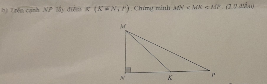 Trên cạnh NP lấy điểm K(K!= N,P). Chứng minh MN . (2,0 điểm)