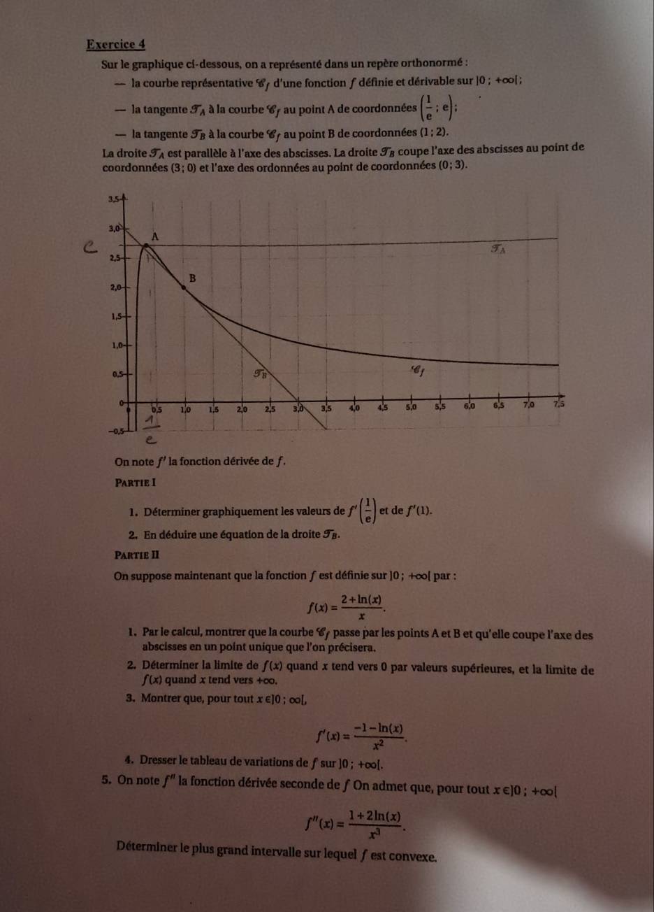 Sur le graphique ci-dessous, on a représenté dans un repère orthonormé :
— la courbe représentative 67 d'une fonction ƒ définie et dérivable sur 10;+∈fty [ :
— la tangente sigma _A à la courbe 67 au point A de coordonnées ( 1/e ;e);
— la tangente S_B à à la courbe 67 au point B de coordonnées (1;2).
La droite sigma _A est parallèle à l'axe des abscisses. La droite T§ coupe l'axe des abscisses au point de
coordonnées (3;0) et l'axe des ordonnées au point de coordonnées (0;3).
On note f' la fonction dérivée de f.
Partie I
1. Déterminer graphiquement les valeurs de f'( 1/e ) et de f'(1).
2. En déduire une équation de la droite sigma _B.
Partie II
On suppose maintenant que la fonction ƒ est définie sur ]0 ; +∞[ par :
f(x)= (2+ln (x))/x .
1. Par le calcul, montrer que la courbe 67 passe par les points A et B et qu'elle coupe l’axe des
abscisses en un point unique que l'on précisera.
2. Déterminer la limite de f(x) quand x tend vers 0 par valeurs supérieures, et la limite de
f(x) quand x tend vers +∞,
3. Montrer que, pour tout x ∈]0 ; ∞[,
f'(x)= (-1-ln (x))/x^2 .
4. Dresser le tableau de variations de ƒsur ]0;+∈fty ɔ[.
5. On note f'' la fonction dérivée seconde de f On admet que, pour tout x∈ ]0; +∞[
f''(x)= (1+2ln (x))/x^3 .
Déterminer le plus grand intervalle sur lequel ƒest convexe.