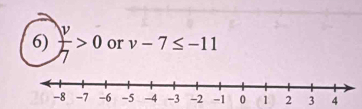  v/7 >0 or v-7≤ -11