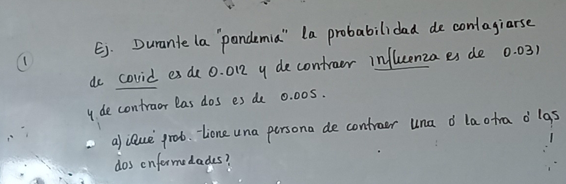 Durante (a `pandemia " la probabilidad de conlagiarse 
do covid es de 0. 012 y decontroer influenza es de 0. 03) 
y de contraor las dos es de 0. 00s. 
aliluce grob. lione una persona de controer una o laotra o'las 
dos enfermedades?