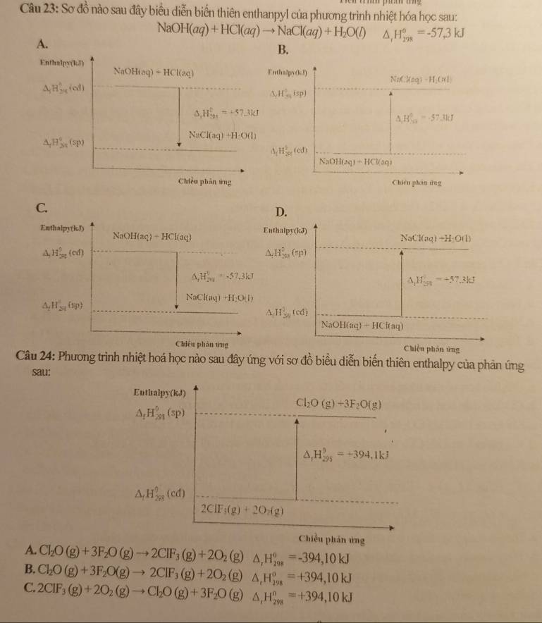 Sơ đồ nào sau đây biểu diễn biển thiên enthanpyl của phương trình nhiệt hóa học sau:
A.
NaOH(aq)+HCl(aq)to NaCl(aq)+H_2O(l) △ _rH_(298)°=-57,3kJ
B.
nthalpy(kJ)
NaCl(aq)-H_2(aq)
△ _rH_5^((circ)(sp)
△ _1)BS7.3k=-57.=-57.3kJ
△ _tH_(3st)^2(cd)
NaOH(aq)+HCl(aq)
Chiêu phán tng
C.
D.
Enthalpy(kJ) I(aq )-HCl(aq)
NaOI
Enthalpy(kJ)
NaCl(aq)+H_2O(l)
△ _jH_(3c)^0(cd)
△ _rH_(5n)^?(sp)
△ _1H_(243)^0=-57.3kJ
△ _rH_5n=-57.3kJ
NaCl(aq)+H_2O(l)
△ _1H_(24)^2(sp)
△ H_(3n)^3(cd)
NaOH(aq)+HCl(aq)
Chiếu phản ứng Chiều phán ứng
Câu 24: Phương trình nhiệt hoá học nào sau đây úng với sơ đồ biểu diễn biển thiên enthalpy của phản ứng
sau:
Enthalpy(kJ)
Cl_2O(g)+3F_2O(g)
△ _fH_(291)^0(sp)
△ _1H_(295)^0=+394,1kJ
△ _fH_(298)^0(cd)
2ClF_3(g)+2O_2(g)
Chiều phān ứng
A. Cl_2O(g)+3F_2O(g)to 2ClF_3(g)+2O_2(g)△ _rH_(298)°=-394,10kJ
B. Cl_2O(g)+3F_2O(g)to 2ClF_3(g)+2O_2(g)△ _rH_(298)^0=+394,10kJ
C. 2CIF_3(g)+2O_2(g)to Cl_2O(g)+3F_2O(g)△ _rH_(298)°=+394,10kJ
