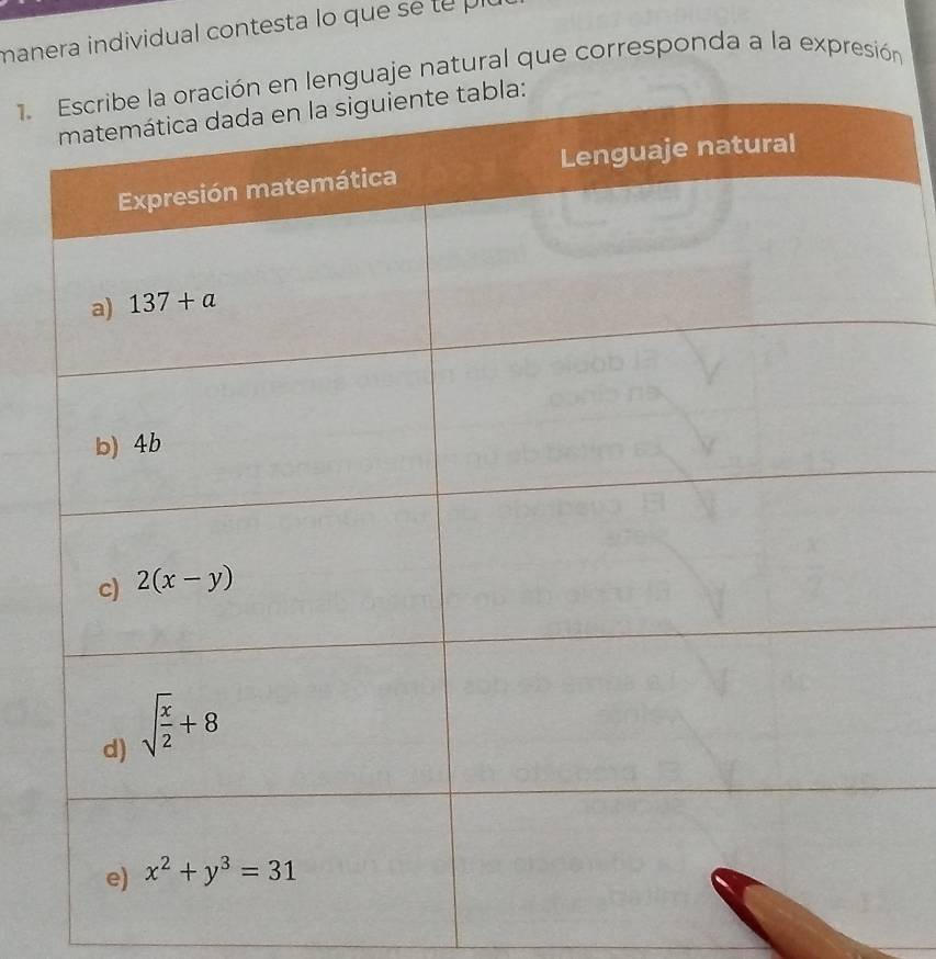 manera individual contesta lo que se e i
1.uaje natural que corresponda a la expresión