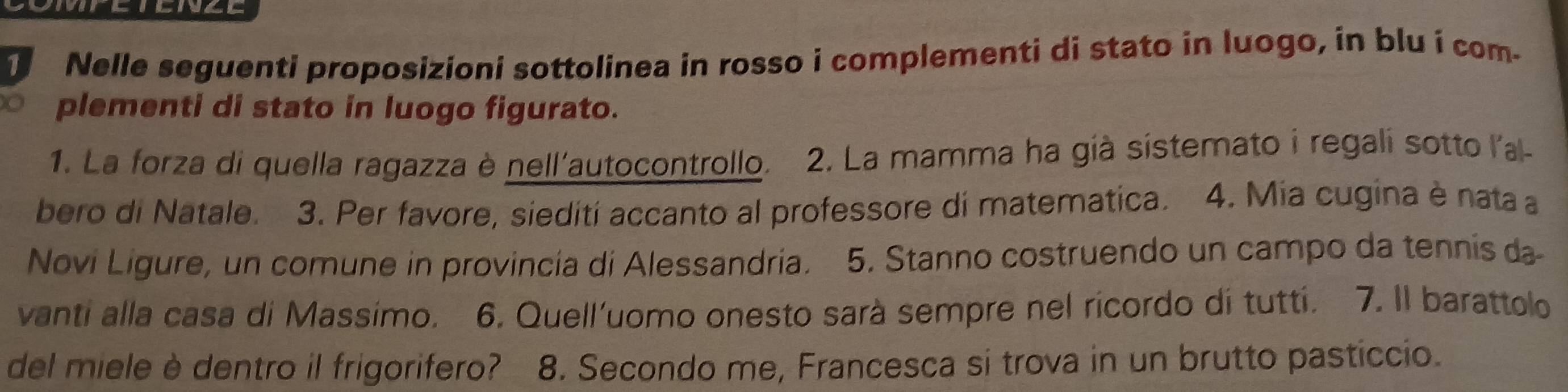 Nelle seguenti proposizioni sottolinea in rosso i complementi di stato in luogo, in blu i com- 
o plementi di stato in luogo figurato. 
1. La forza di quella ragazza è nell'autocontrollo. 2. La mamma ha già sistemato i regali sotto l'a- 
bero di Natale. 3. Per favore, siedití accanto al professore di matematica. 4. Mia cugina è nata a 
Novi Ligure, un comune in provincia di Alessandria. 5. Stanno costruendo un campo da tennis da 
vanti alla casa di Massimo. 6. Quell'uomo onesto sarà sempre nel ricordo di tutti. 7. Il barattolo 
del miele è dentro il frigorifero? 8. Secondo me, Francesca si trova in un brutto pasticcio.