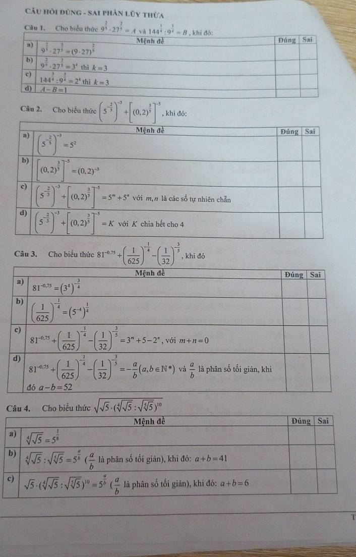 Cầu Hỏi đùng - Sai phân Lũy thừa
Câu 1. Cho biểu thức 9^(frac 2)3· 27^(frac 2)5=A 144^(frac 3)4:9^(frac 3)4=B
Câu 2. Cho biểu thức (5^(-frac 2)3)^-3+[(0,2)^ 3/5 ]^-5 , khi đó:
Câu 3. Cho biểu thức 81^(-0.75)+( 1/625 )^- 1/4 -( 1/32 )^- 3/5  , khi đó
Câu 4. Cho biểu thức sqrt(sqrt 5)· (sqrt[4](sqrt 5):sqrt(sqrt [5]5))^10
T