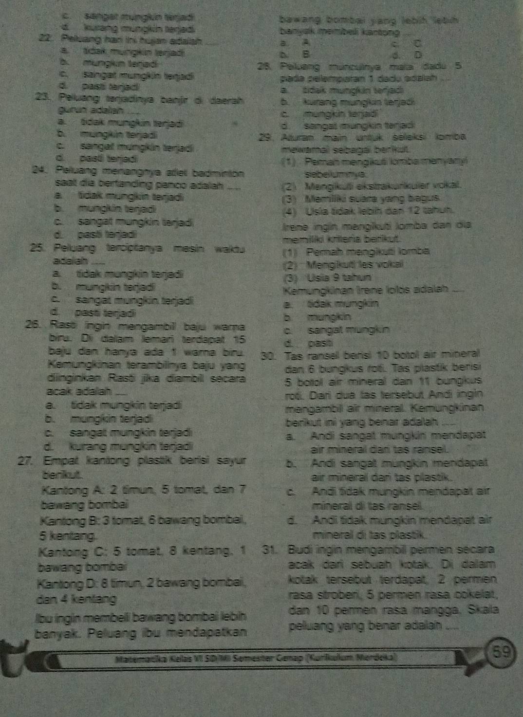 c. sangat mung n terjad bawang bombal yang lebih lebih
d kurang mungkin terjad. banysk membeli kartong
22. Peliang han ini hujan adalsh _a A
c C
ädak mungkin terjad D B d. D
b. munglén terjad 28. Peluang muncuinye maïa dadu 5
c. saingat mungk in tenjad pada pelampatan 1 dadu adalah
d. past tarjad a tidak mungkán terjac
23. Pelluang terjadinya banjr d. daerah 6. kurang mungkn terjad
gurín adalan . c. mung n teŋadi
a. šdak mungkin terjadi d sangal mungkin terad
b. müngkin terjadi 29. Aturan main untuk seleksi komba
c. sangat mungkin terjadi mewamal sebagai berikut.
d. pasti terjadi (1)  Peman menglka s lomba manyazy
24. Peluang menangnya atel badminion sebeumtva
saat dia berfanding panco adalah  (2) Mengikuli ekstrakuńkuler vokal.
a. tidak mungkin terjadi
(3) Memilki suara yang bagus.
b. mungkin terjadi
(4) Usla tidak lebíh dan 12 tahun.
c. sangat mungkin terjad
d. pasti terjadi Irene ingjn mengikuti lomba dan dia
memilki killera berikut.
25. Peluang terciptanya mesin wakdu (1) Pemah mangikuti lomba
adaiah_
(2)  Mengikuti les voka
a. tidak mungkin terjadi
b. mungkin tarjadi (3) Usia 9 tahun
Kemungkinan Irene lolds adalah_
c. sangat mungkin terjadi
eSdak mungkin
d. pasti terjadi b mungkin
26. Rast ingin mengambill baju wama c. sangat mungkin
biru. Di dallam lemarì terdapat 15 d. past
baju dan hanya ada 1 wama biru. 30. Tas ransel berisi 10 botol air mineral
Kamungkinan terambilinya baju yang dan 6 búngkus ro6. Tas plastik berisi
dinginkan Rasō jika diambil secara 5 botol air mineral dan 11 bungkus
acak adalan
roś. Dari dua las tersebut Andi ingin
a. tidak mungkin terjadi
mengambill aïr mineral. Kemungkinan
b. mungkin terjadi berkut ini yang benar adalah
c. sangat mungkin terjadi a. Andi sangat mungkin mendapat
d. kurang mungkin terjadi air mineral dân tas ransel.
27. Empat kantong plastik berisi sayur b. Andi sangat müngkin mendapat
berikut. air mineral dari tas plastik.
Kantong A: 2 timun, 5 tomat, dan 7 c. Andi šidak mungkin mendapat air
bawang bombai mineral di tas ransel.
Kantong B: 3 tomat, 6 bawang bombal, d. Andi tidak mungkin mendapat air
5 kentang mineral di tas plastik.
Kantong C: 5 tomat, 8 kentang, 1  31. Budi ingin mengambill permen secara
bawang bombai acak dari sebuah kotak. Di dalam
Kantong D: 8 timun, 2 bawang bombai, kotak tersebut terdapat, 2 permen
dan 4 kentang rasa stroben, 5 permen rasa cokelat,
lbu ingin membell bawang bombal lebih dan 10 permen rasa mangga, Skala
banyak. Peluang ibu mendapatkan peluang yang benar adalah ....
Matematika Kelas VI SD/M Semester Genap (Kurkulum Merdeka)
59
U