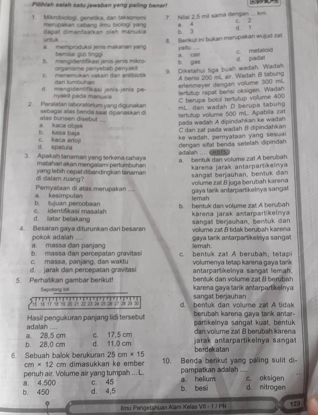 Pilihlah salah satu jawaban yang paling benar!
1. Mikrobiologi, genetika, dan taksonomi 7. Nilai 2,5 mil sama dengan ... km.
merupakan cabang ilmu biologi yang a. 4
dapat dimanfaatkan oleh manusia b. 3 d. 1 c. 2
untuk
8. Berikut ini bukan merupakan wujud zat
a. memproduksi jenis makanan yang yaitu
berilai gizi tinggi a. cair
c. metaloid
b. mengidentifikasi jenis-jenis mikro- b. gas
d. padat
organisme penyebab penyakit
c. menemukan vaksin dan antibiotik 9. Diketahui tiga buah wadah. Wadah
dari tumbuhan A berisi 200 mL air, Wadah B tabung
erlenmeyer dengan volume 300 mL
d. mengidentifikasi jenis-jenis pe-
tertutup rapat berisi oksigen. Wadah
nyakit pada manusia
C berupa botol tertutup volume 400
2. Peralatan laboratorium yang digunakan
mL. dan wadah D berupa tabung
sebagai alas benda saat dipanaskan di
tertutup volume 500 mL. Apabila zat
atas bunsen disebut ....
pada wadah A dipindahkan ke wadah
a. kaca objek ened
b. kasa baja
C dan zat pada wadah B dipindahkan
c. kaca arloji
ke wadah, pernyataan yang sesuai
d. spatula
dengan sifat benda setelah dipindah
adalah .... CHOTs
3. Apakah tanaman yang terkena cahaya
a. bentuk dan volume zat A berubah
matahari akan mengalami pertumbuhan
yang lebih cepat dibandingkan tanaman karena jarak antarpartikelnya
di dalam ruang? sangat berjauhan, bentuk dan
volume zat B juga berubah karena
Pernyataan di atas merupakan ....
a. kesimpulan gaya tarik antarpartikelnya sangat
lemah
b. tujuan percobaan
b. bentuk dan volume zat A berubah
c. identifikasi masalah
karena jarak antarpartikelnya
d. latar belakang
sangat berjauhan, bentuk dan
4. Besaran gaya diturunkan dari besaran volume zat B tidak berubah karena
pokok adalah .... gaya tarik antarpartikelnya sangat
a. massa dan panjang lemah.
b. massa dan percepatan gravitasi c. bentuk zat A berubah, tetapi
c. massa, panjang, dan waktu volumenya tetap karena gaya tarik
d. jarak dan percepatan gravitasi antarpartikelnya sangat lemah,
5. Perhatikan gambar berikut! bentuk dan volume zat B berubah
_
Sepotong lidi karena gaya tarik antarpartikelnya
sangat berjauhan
15 16 17 18 19 20 21 22 23 24 25 26 27 28 29 30 d. bentuk dan volume zat A tidak
Hasil pengukuran panjang lidi tersebut
berubah karena gaya tarik antar-
partikelnya sangat kuat, bentuk
adalah ....
a. 28,5 cm c. 17,5 cm
dan volume zat B berubah karena
b. 28,0 cm d. 11,0 cm jarak antarpartikelnya sangat
berdekatan
6. Sebuah balok berukuran 25cm* 15
cm* 12cm dimasukkan ke ember 10. Benda berikut yang paling sulit di-
penuh air. Volume air yang tumpah ... L. pampatkan adalah ....
a. 4.500 c. 45 a. helium c. oksigen
b. 450 d. 4,5 b. besi
d. nitrogen
a
llmu Pengetahuan Alam Kelas VII - 1 / PN
123