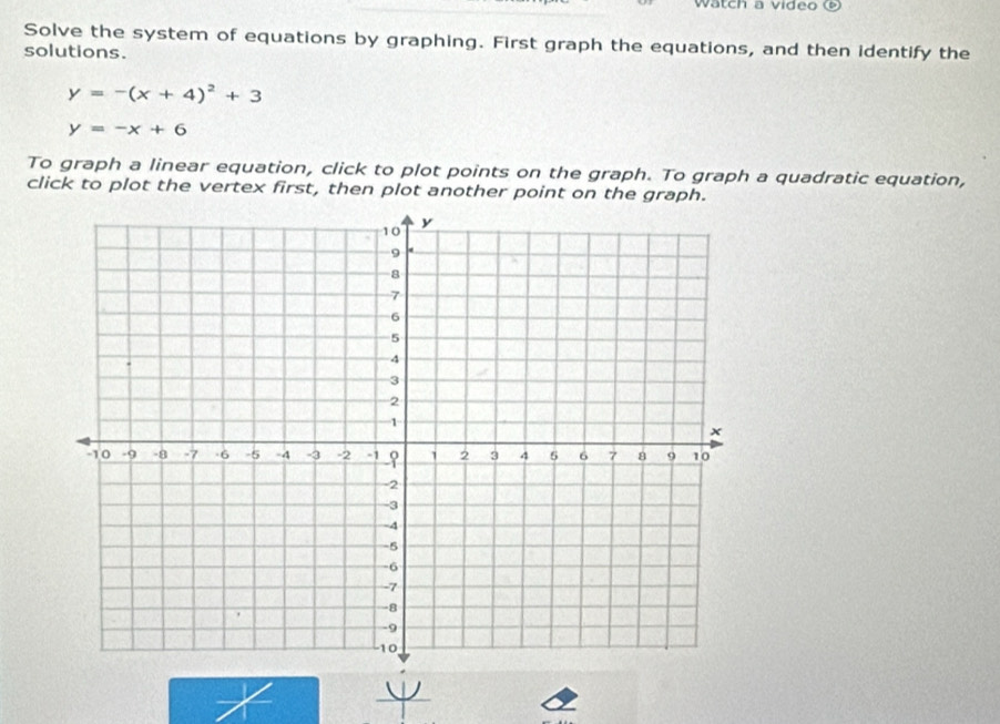 Watch a video ©
Solve the system of equations by graphing. First graph the equations, and then identify the
solutions.
y=-(x+4)^2+3
y=-x+6
To graph a linear equation, click to plot points on the graph. To graph a quadratic equation,
click to plot the vertex first, then plot another point on the graph.
ψ