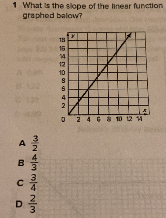 What is the slope of the linear function
graphed below?
A  3/2 
B  4/3 
C  3/4 
D  2/3 