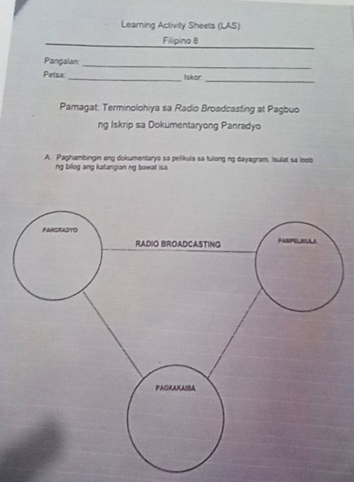 Learning Activity Sheets (LAS) 
_ 
Filipina 8 
Pangalan_ 
Pelsa _1skor 
_ 
Pamagat: Terminolohiya sa Radio Broadcasting at Pagbuo 
ng Iskrip sa Dokumentaryong Panradyo 
A. Paghambingin ang dokumentaryo sa pelíkula sa fulong ng dayagram, Isulat sa loobo 
ng billog ang katangian ng bawat isa