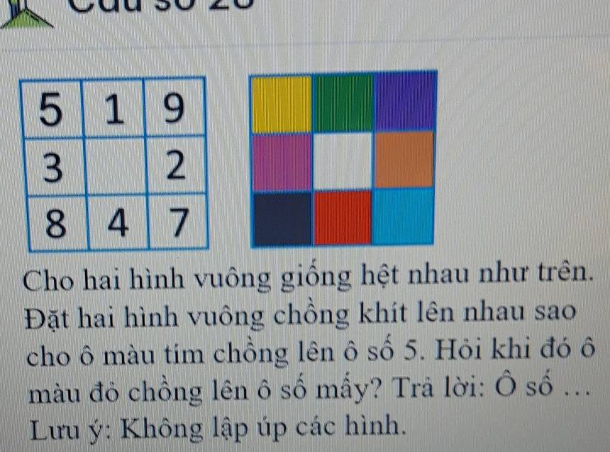 Cho hai hình vuông giống hệt nhau như trên. 
Đặt hai hình vuông chồng khít lên nhau sao 
cho ô màu tím chồng lên ô số 5. Hỏi khi đó ô 
màu đô chồng lên ô số mấy? Trả lời: Ô số ... 
Lưu ý: Không lập úp các hình.