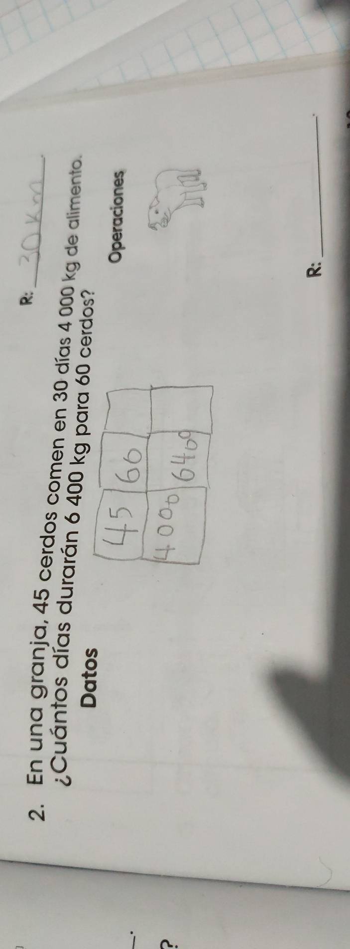 R: 
. 
2. En una granja, 45 cerdos comen en 30 días 4 000 kg de alimento. 
¿Cuántos días durarán 6 400 kg para cerdos? 
Datos 
_ 
Operaciones 
P 
R:_ 
.