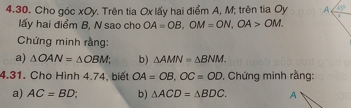 Cho góc xOy. Trên tia Ox lấy hai điểm A, M; trên tia Oy 
lấy hai điểm B, N sao cho OA=OB,OM=ON,OA>OM.
Chứng minh rằng:
a) △ OAN=△ OBM; b) △ AMN=△ BNM.
4.31. Cho Hình 4.74, biết OA=OB,OC=OD. Chứng minh rằng:
a) AC=BD; b) △ ACD=△ BDC.