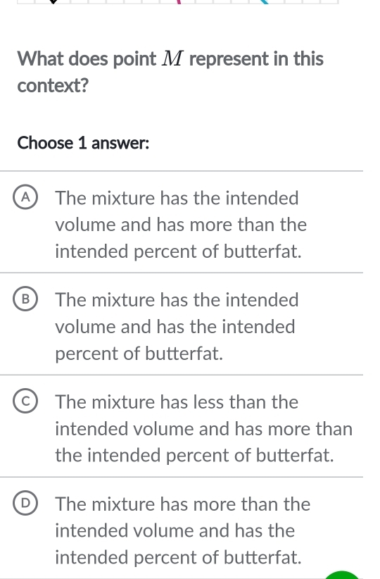 What does point M represent in this
context?
Choose 1 answer:
A The mixture has the intended
volume and has more than the
intended percent of butterfat.
B The mixture has the intended
volume and has the intended
percent of butterfat.
C The mixture has less than the
intended volume and has more than
the intended percent of butterfat.
D I The mixture has more than the
intended volume and has the
intended percent of butterfat.