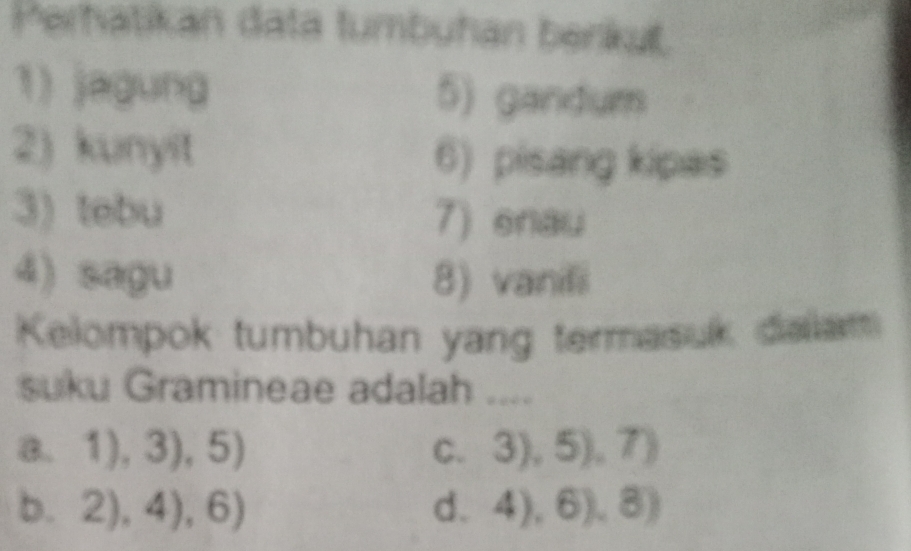 Perhatikan data tumbuhan benkut.
1) jagung 5) gandum
2) kunyit 6) pisang kipas
3) tebu 7) enau
4) sagu 8) vanili
Kelompok tumbuhan yang termasulk dallam
suku Gramineae adalah ....
8. 1),3),5) C. 3),5),7)
b. 2),4),6) 4),6),8)
d.