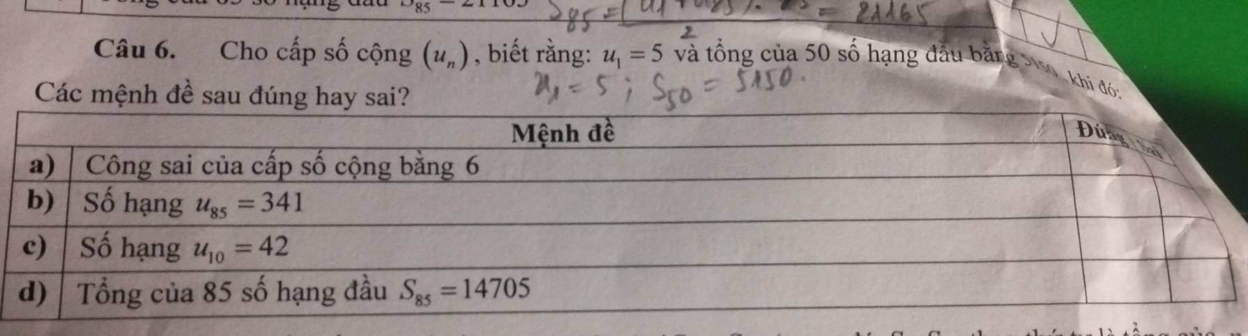 85
Câu 6. Cho cấp số cộng (u_n) , biết rằng: u_1=5 và tổng của 50 số hạng đầu bằng Svo, khi đóa
Các mệnh đề sau đúng hay sai?