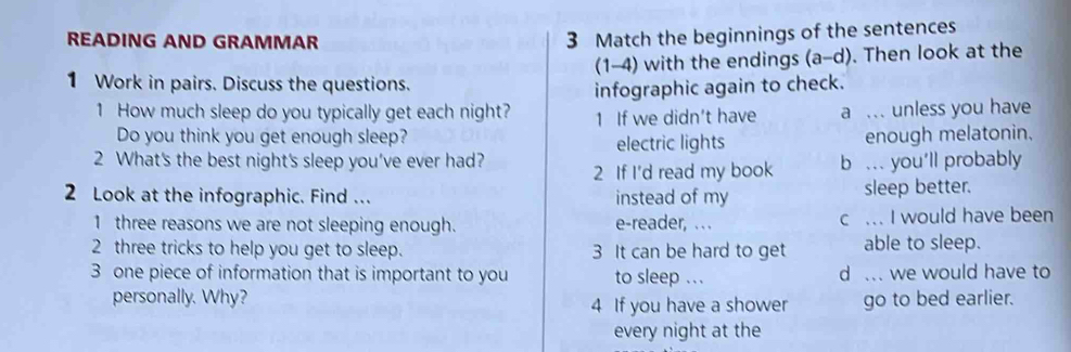 READING AND GRAMMAR
3 Match the beginnings of the sentences
(1-4) with the endings (a-d). . Then look at the
1 Work in pairs. Discuss the questions.
1 How much sleep do you typically get each night? infographic again to check.
1 If we didn't have a .. unless you have
Do you think you get enough sleep? enough melatonin.
electric lights
2 What's the best night's sleep you've ever had? 2 If I'd read my book b ... you'll probably
2 Look at the infographic. Find ... instead of my sleep better.
1 three reasons we are not sleeping enough. e-reader, . . . c ... I would have been
2 three tricks to help you get to sleep. 3 It can be hard to get able to sleep.
3 one piece of information that is important to you to sleep ... d .. we would have to
personally. Why? 4 If you have a shower go to bed earlier.
every night at the