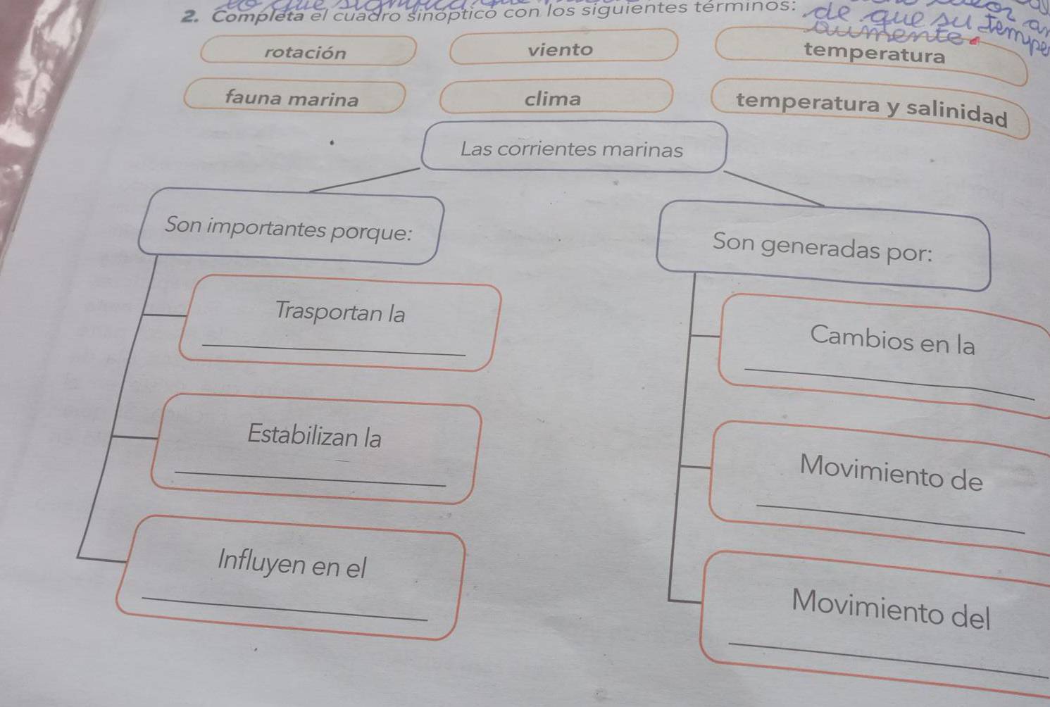 Completa el cuadro sinópticó con los siguientes términos: 
rotación viento temperatura 
fauna marina clima 
temperatura y salinidad 
Las corrientes marinas 
Son importantes porque: 
Son generadas por: 
Trasportan la 
_ 
_ 
Cambios en la 
Estabilizan la 
_ 
_ 
Movimiento de 
_ 
Influyen en el 
_ 
Movimiento del