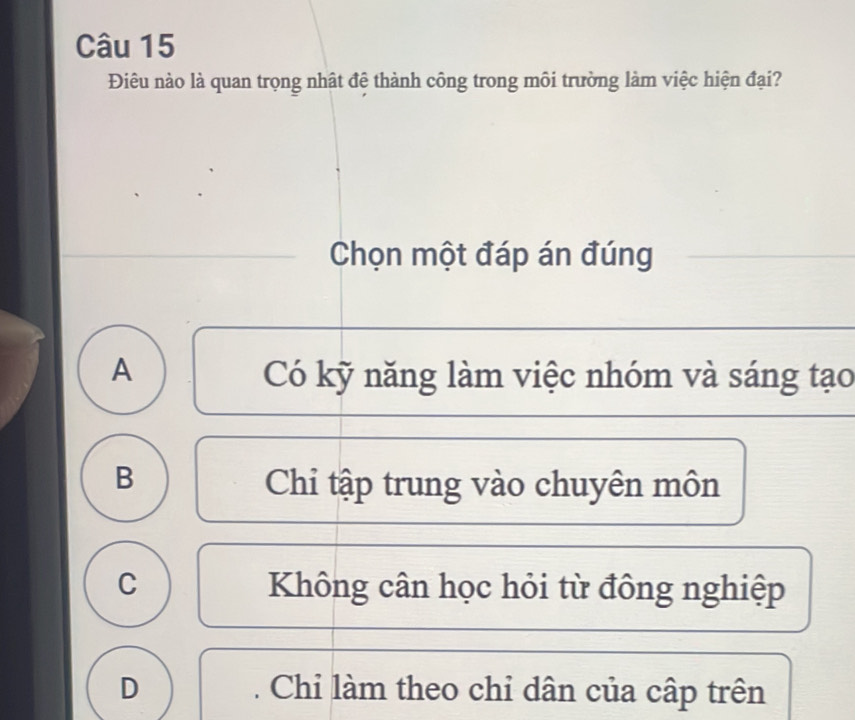 Điêu nào là quan trọng nhật đệ thành công trong môi trường làm việc hiện đại?
Chọn một đáp án đúng
A Có kỹ năng làm việc nhóm và sáng tạo
B Chi tập trung vào chuyên môn
C Không cân học hỏi từ đông nghiệp
D - Chi làm theo chi dân của cập trên