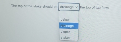 The top of the stake should be drainage the top of the form.
below
drainage
sloped
stakes