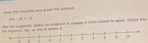 Solve the inequality and graph the solution.
2m-15
Plot the endpoints. Select an endpoint to change it from closed to open. Select the i 
ine to delete it.
-10 -8