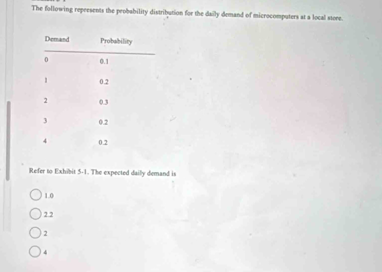 The following represents the probability distribution for the daily demand of microcomputers at a local store.
Refer to Exhibit 5-1. The expected daily demand is
1.0
2.2
2
4