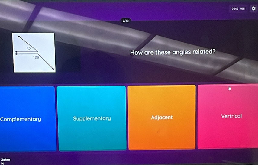 9549 9111
2/30
52
128 How are these angles related?
Complementary Supplementary Adjacent Vertrical
Zohra
N