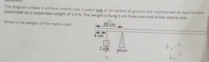 The diagram shows a uniform metre rule pivoted not at its centre of gravity but maintained at equilibrium 
(balanced) by a suspended weight of 2.4 N. The weight is hung 5 cm from one end of the metre rule. 
What is the weight of the metre rule? 20 cm
5 cm
2.4 N pivot