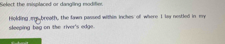 Select the misplaced or dangling modifier. 
Holding my breath, the fawn passed within inches of where I lay nestled in my 
sleeping bag on the river's edge. 
Cubmit
