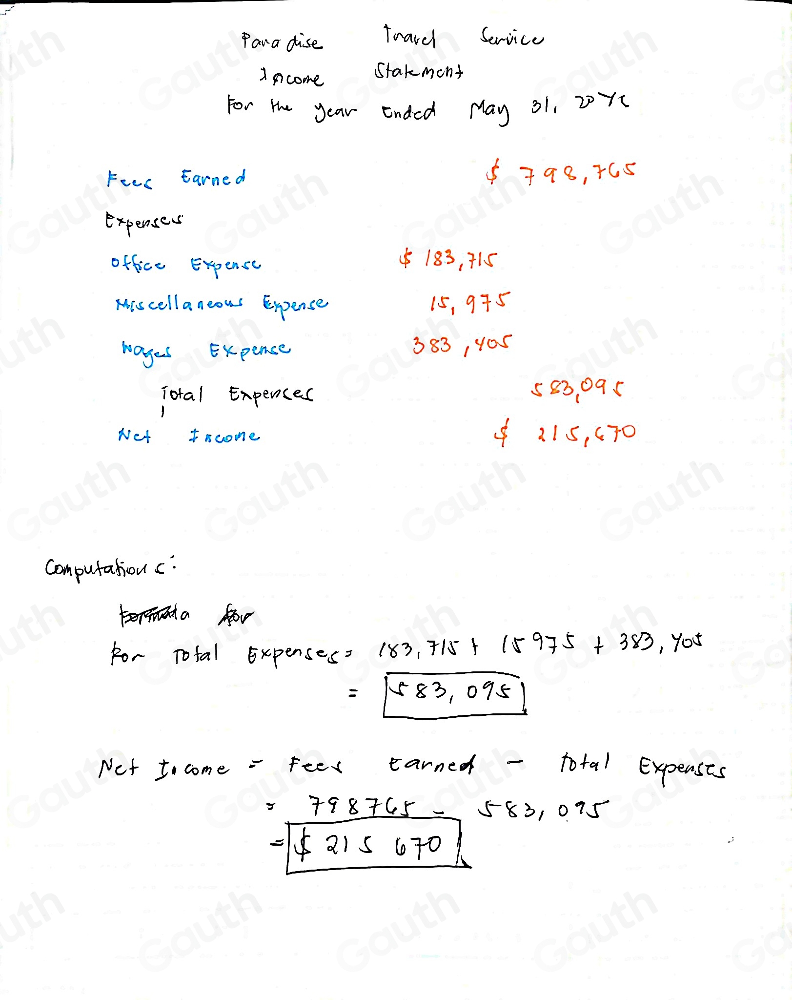 Solved: Income Statement The revenues and expenses of Paradise Travel ...