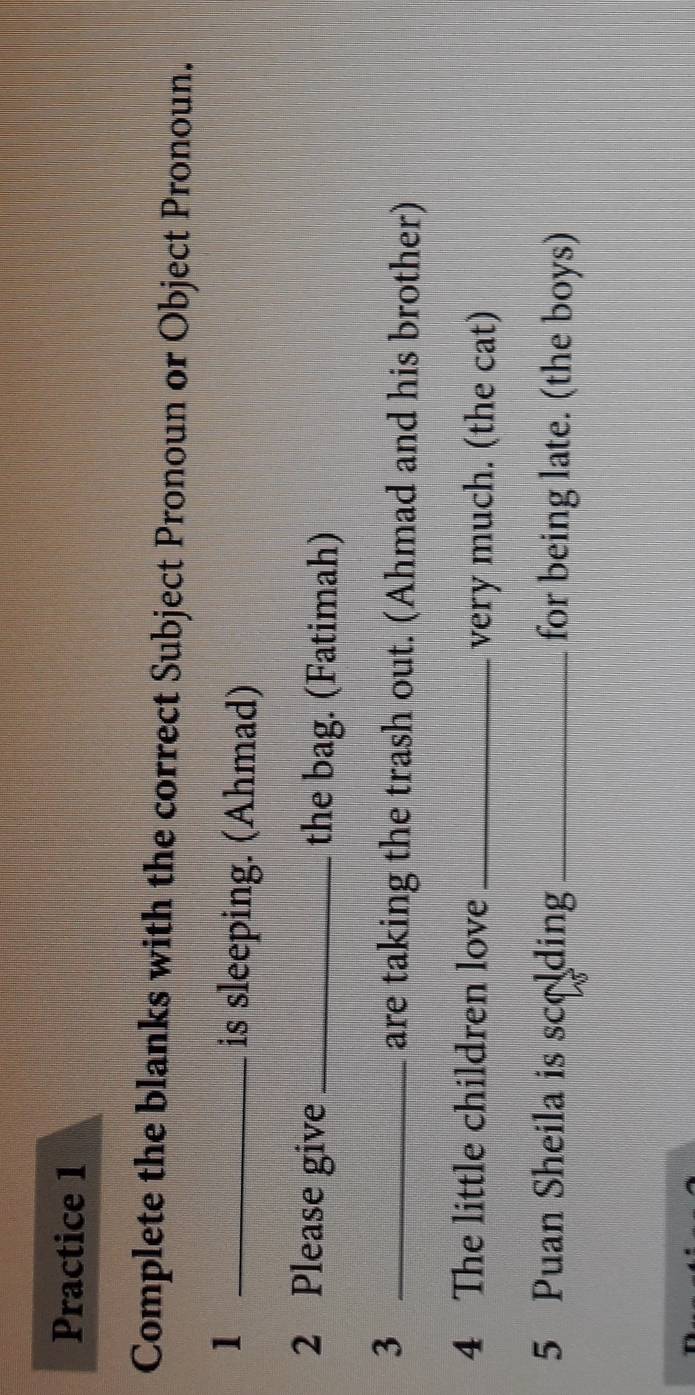 Practice 1 
Complete the blanks with the correct Subject Pronoun or Object Pronoun. 
1 _is sleeping. (Ahmad) 
2 Please give _the bag. (Fatimah) 
_3 
are taking the trash out. (Ahmad and his brother) 
4 The little children love _very much. (the cat) 
5 Puan Sheila is scolding _for being late. (the boys)