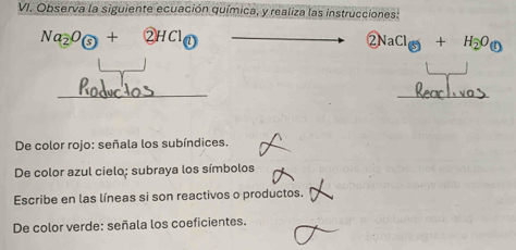 Observa la siguiente ecuación química, y realiza las instrucciones: 
Na_2O_ enclosecircle52HCl enclosecircle1
 enclosecircle2NaCl_ enclosecircle5+H_2O_(t)
_ 
_ 
De color rojo: señala los subíndices. 
De color azul cielo; subraya los símbolos 
Escribe en las líneas si son reactivos o productos. 
De color verde: señala los coeficientes.