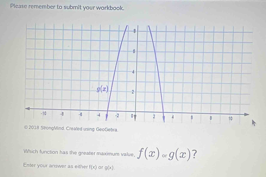 Please remember to submit your workbook.
2018 StrongMind. Created using GeoGebra.
Which function has the greater maximum value, f(x) or g(x) ?
Enter your answer as either f(x) or g(x).