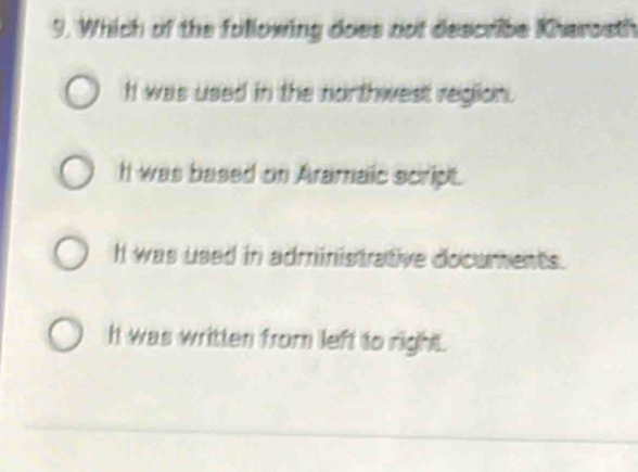 Which of the following does not describe Kharosth
It was used in the northwest region.
It was based on Aramaic script.
h was used in administrative documents.
It was written from left to right.