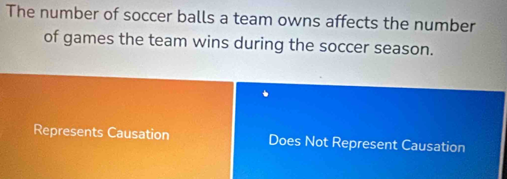 The number of soccer balls a team owns affects the number
of games the team wins during the soccer season.
Represents Causation Does Not Represent Causation