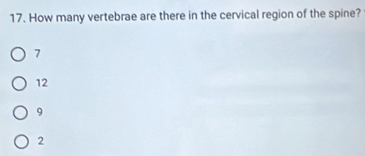 How many vertebrae are there in the cervical region of the spine?
7
12
9
2