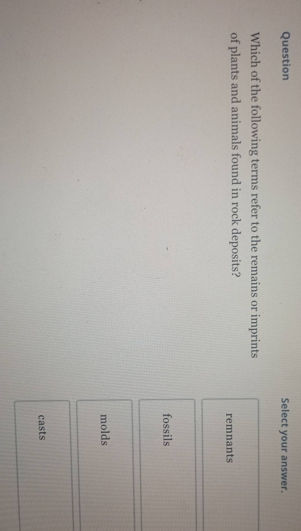 Question Select your answer.
Which of the following terms refer to the remains or imprints
of plants and animals found in rock deposits?
remnants
fossils
molds
casts