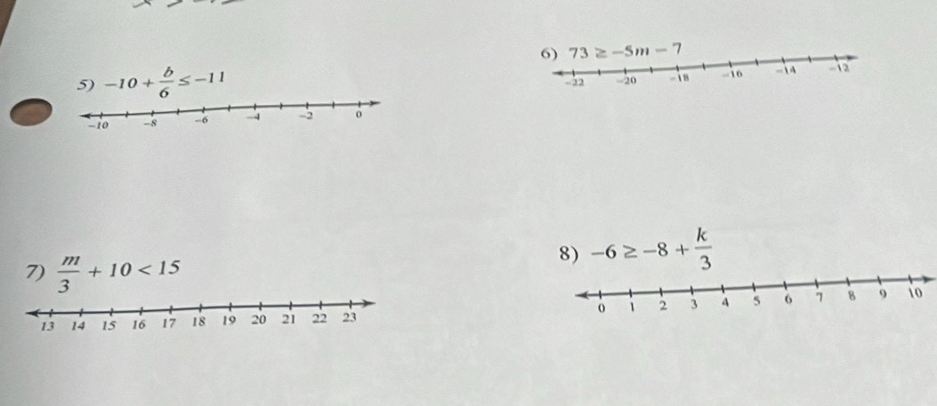 -10+ b/6 ≤ -11
7)  m/3 +10<15</tex>
8) -6≥ -8+ k/3 