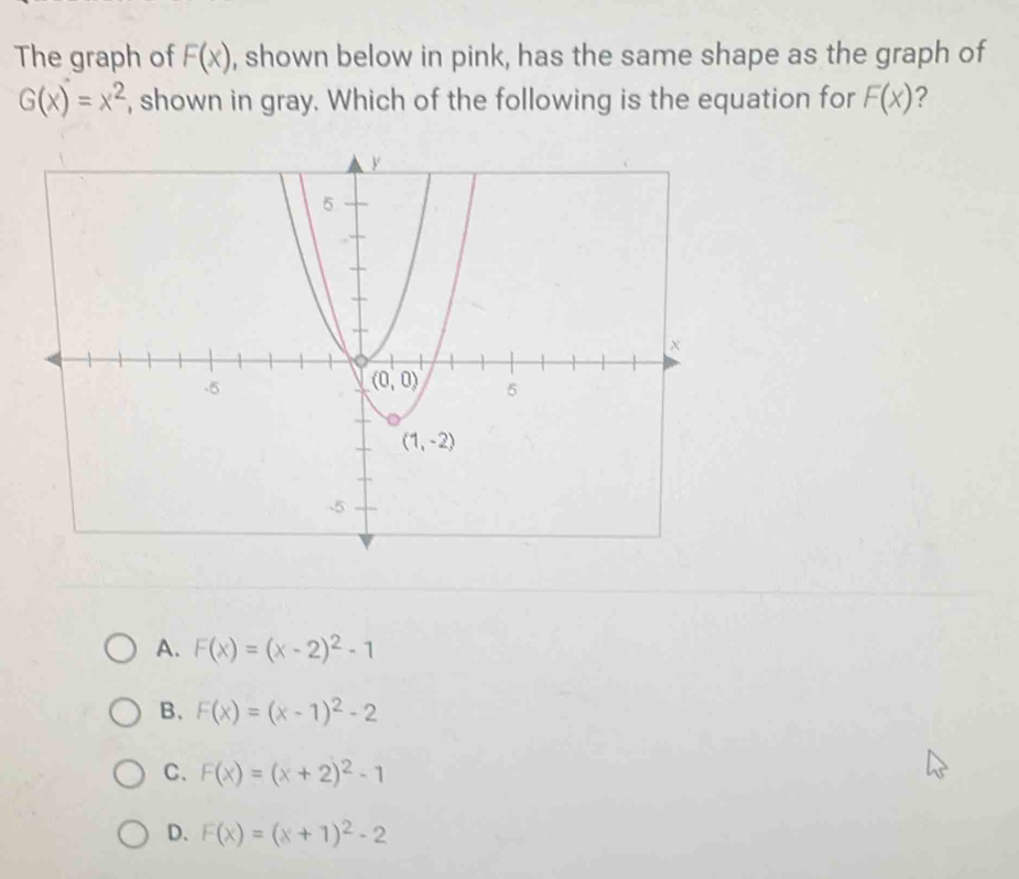 The graph of F(x) , shown below in pink, has the same shape as the graph of
G(x)=x^2 , shown in gray. Which of the following is the equation for F(x) ?
A. F(x)=(x-2)^2-1
B、 F(x)=(x-1)^2-2
C. F(x)=(x+2)^2-1
D. F(x)=(x+1)^2-2