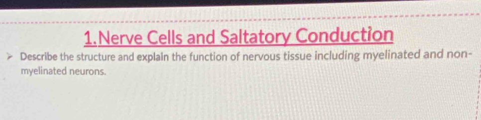 Nerve Cells and Saltatory Conduction 
Describe the structure and explain the function of nervous tissue including myelinated and non- 
myelinated neurons.