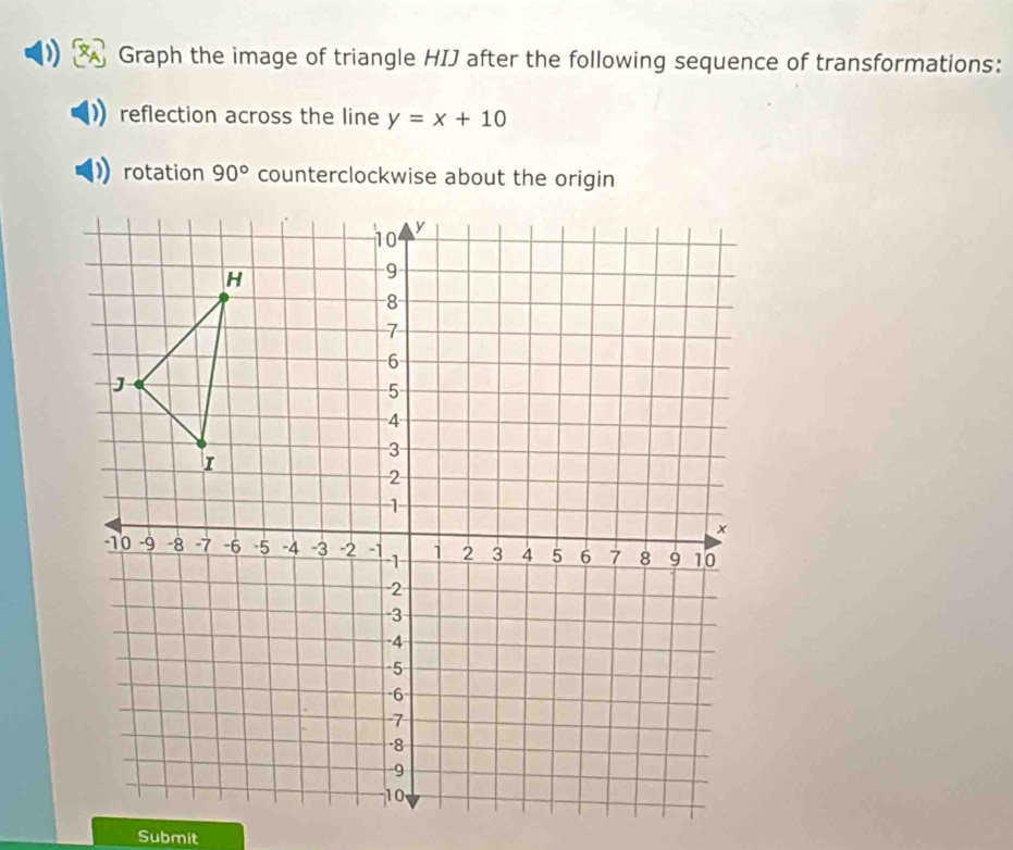 Graph the image of triangle HIJ after the following sequence of transformations: 
reflection across the line y=x+10
rotation 90° counterclockwise about the origin 
Submit